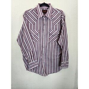 Plains Western Wear Pearl Snap Shirt Men L Burgundy Striped SS Cowboy Rodeo Flaw